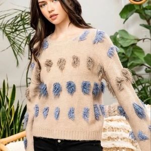 THML Gray Soft sweater w/ tuft accents in blue & tan see add’l photos!  Small